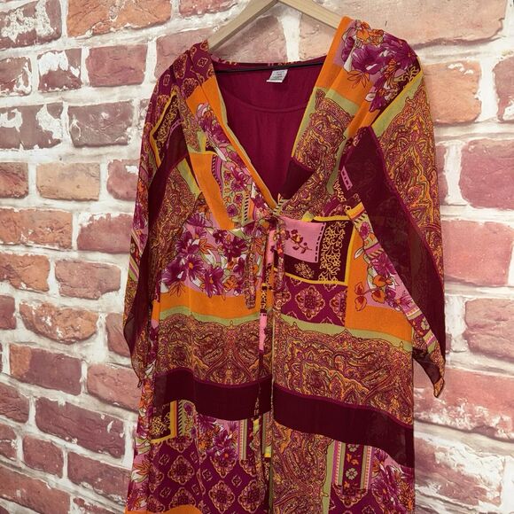 Roaman's Dress 14W Multicolor Boho Floral Abstract Casual Popover Tie Waist Midi - Picture 4 of 8